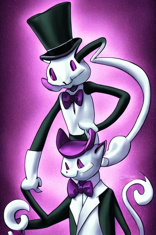 Prompt: mewtwo wearing a top hat and suit, highly detailed, digital art, sharp focus, ambient glow, trending on art station, anime art style