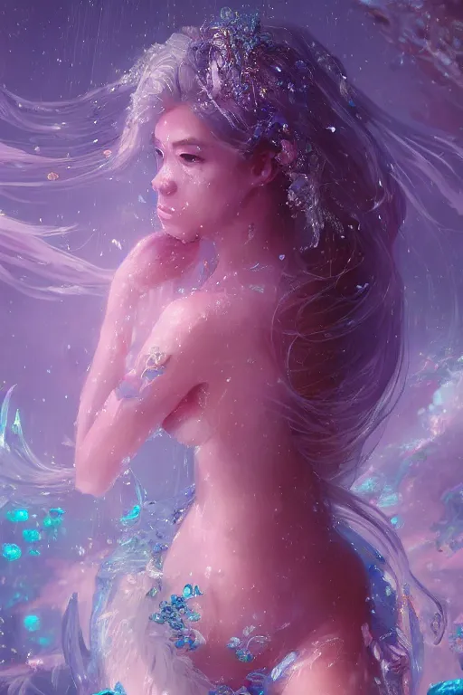 Prompt: A fancy portrait of a crystalized mermaid by Greg Rutkowski, beeple, Sung Choi, Mitchell Mohrhauser, Maciej Kuciara, Johnson Ting, Maxim Verehin, Peter Konig, final fantasy, macro lens, 35mm, 8k photorealistic, cinematic lighting, HD, high details, dramatic, dark atmosphere, trending on artstation