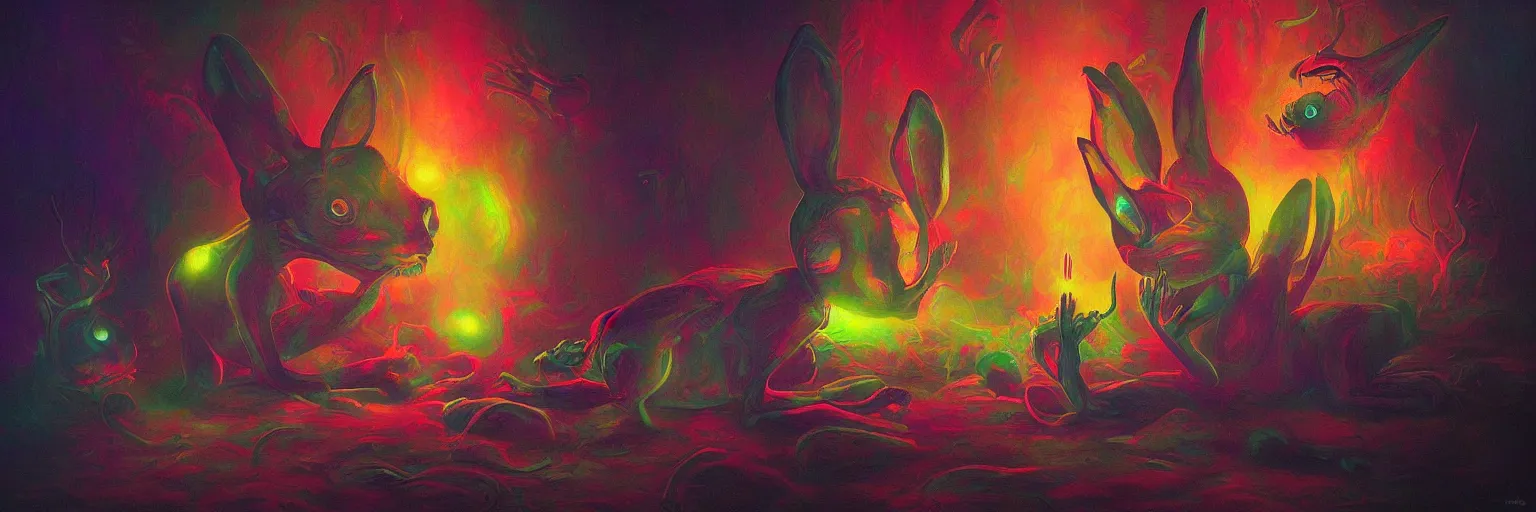 Image similar to strange alien bunny creatures from the depths of the collective unconscious, dramatic lighting, surreal darkly colorful painting by ronny khalil