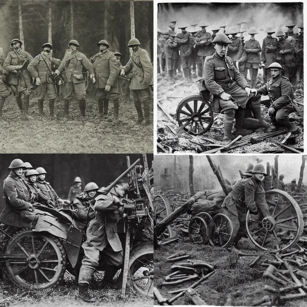 Prompt: Strange photographs of world war one. Reports of 'burning wheels' and 'wolves that talk like men'