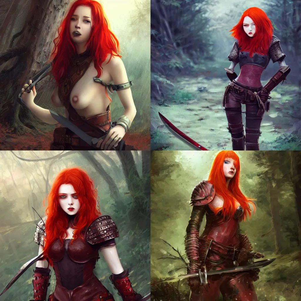 Prompt: A redheaded young woman, angry expression, flushed red cheeks, leather armor, wielding a knife, forest background, fantasy digital art by WLOP, trending on pixiv