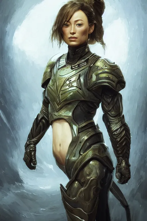 Image similar to a professional painting of a young Olivia Wilde, clothes in military armor, olive skin, long dark hair, beautiful bone structure, symmetrical facial features, intricate, elegant, digital painting, concept art, smooth, sharp focus, illustration, from StarCraft by Ruan Jia and Mandy Jurgens and Artgerm and William-Adolphe Bouguerea