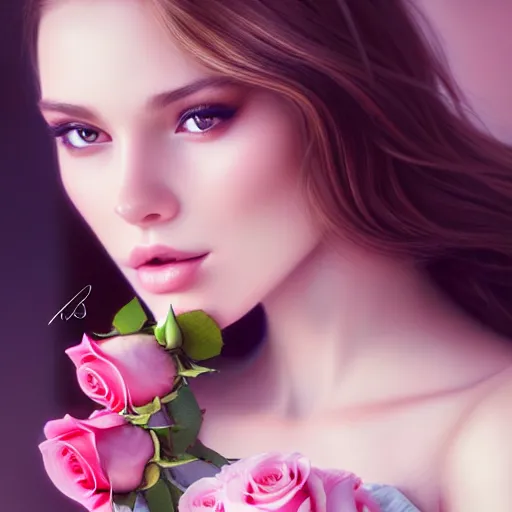 Image similar to a gorgeous female photo, professionally retouched, soft lighting, holding a bouquet of roses, realistic, smooth face, perfect eyes, wide angle, sharp focus on eyes, 8 k high definition, insanely detailed, intricate, elegant, art by artgerm