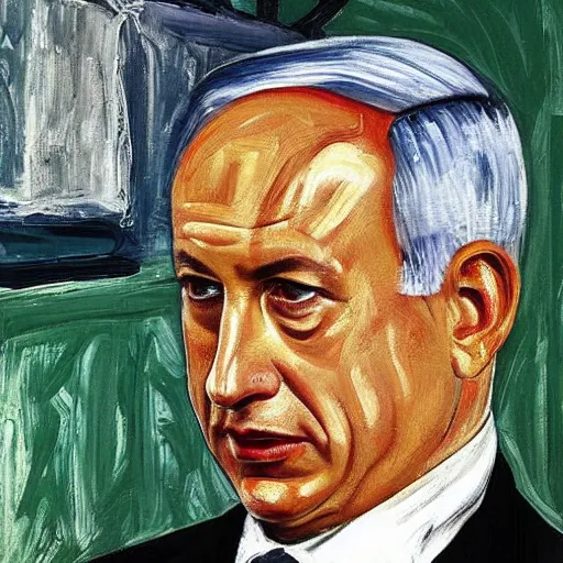 Prompt: benjamin netanyahu on a victorian style bad old deteriorating walls in the background in the style of lucian freud, painting, dark, brush strokes