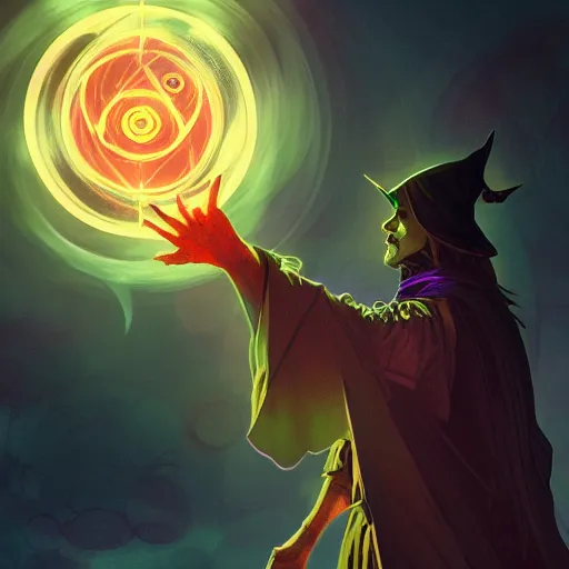 Image similar to a warlock is casting a magic spell while with magic orb floating in his hand , dynamic pose, chromatic aberration , medium level shot, Mucha style , Grim fantasy, illustration ,concept art,