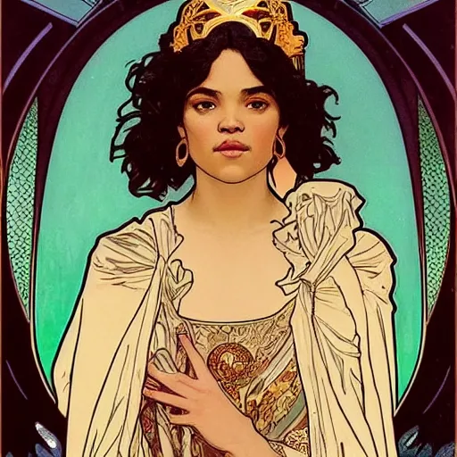 Image similar to tessa thompson portrait by louis - theophile hingre and alphonse mucha, realistic, sharp focus, zodiac signs, tarot cards, planets, ethereal, art nouveau, magic, moon, sun, crown, dreamy, royal, jewellery