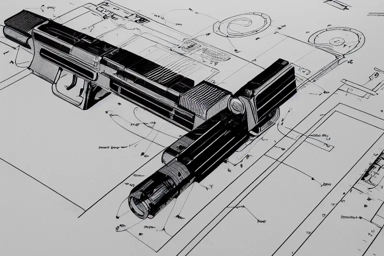 Image similar to blueprint of a laser space gun, technical drawing, concept art, centered with clear border