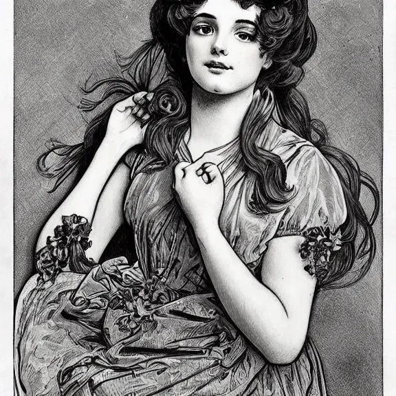 Prompt: a highly detailed beautiful portrait in the style of charles dana gibson and in the style of alphonse mucha.