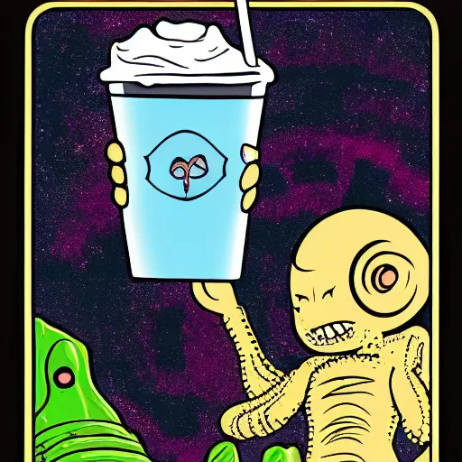 Prompt: an alien drinking horchata, detailed, tarot card