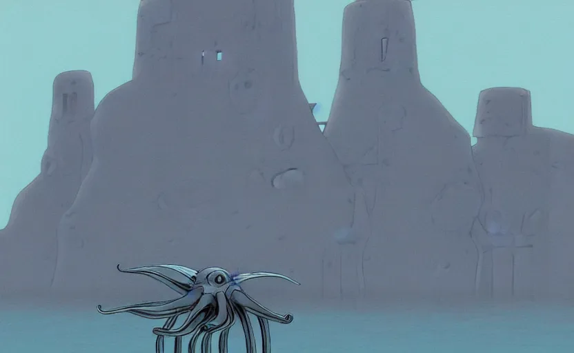 Image similar to a realistic cell - shaded studio ghibli concept art from paprika ( 2 0 0 6 ) of a flying intelligent dull grey mechanical octopus from close encounters of the third kind ( 1 9 7 7 ) in a flooded monument valley stonehenge. very dull colors, wide shot, hd, 4 k, hq