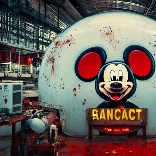 Prompt: a giant mickey mouse head, factory floor, surrounded by factory workers, octane render, cgstation, 3 d render, very detailed, mindblowing, blood and guts, gritty, cyberpunk, cinematic lighting, hyper realism, netflix logo