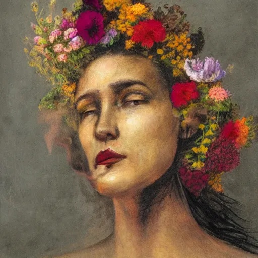 Prompt: portrait of a Smokey woman made of flowers and smoke