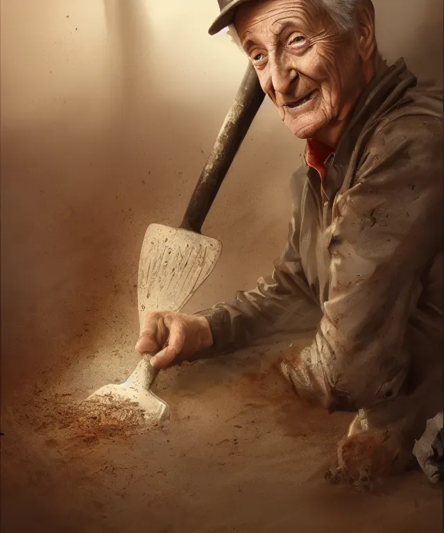 Prompt: bob barker, cinematic, covered in dirt, holding a shovel, elegant, highly detailed, digital painting, artstation, smooth, hard focus, illustration, art by jessica rossier and and brian froud