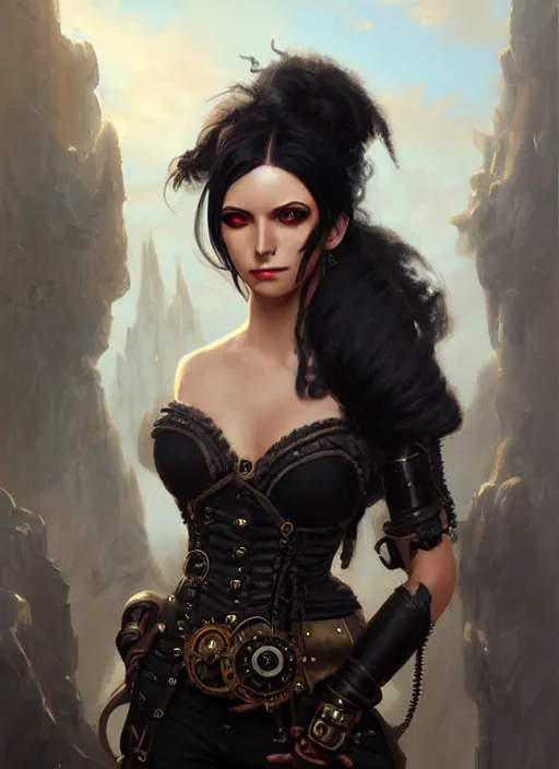 Image similar to a _ fantasy _ style _ portrait _ painting _ of steampunk woman, ponytail black hair, round face, rpg dnd oil _ painting _ unreal _ 5 _ daz. _ rpg _ portrait _ extremely _ detailed _ artgerm _ greg _ rutkowski _ greg