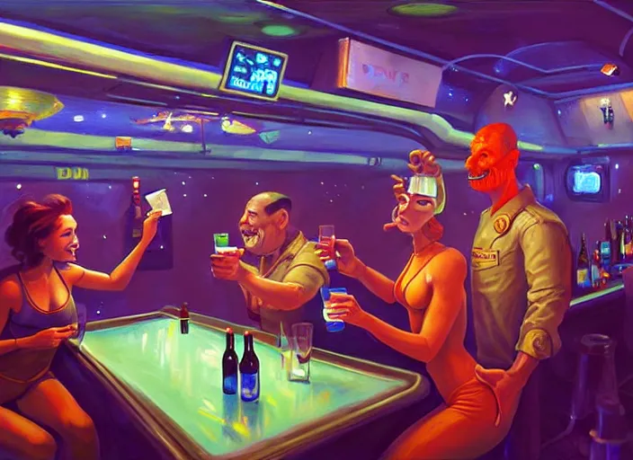 Image similar to crowded dive bar on a space station. an alien bartender serves a drink to a drunk human. painting by dan volbert and mandy jurgens and deiv calviz and lim chuan shin