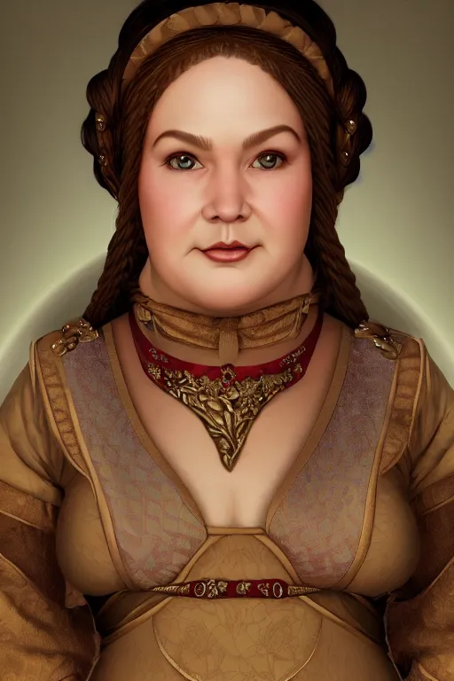 Prompt: Portrait | chubby female dwarf noblewoman | elaborated brocade dress | beautiful elaborated braided hair | style by Larry elmore | dramatic light | high detail | cinematic lighting | artstation | Regal and Proud robust woman| bold serious expression | dungeons and dragons | dwarven halls |