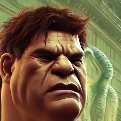 Image similar to the hulk with normal human skin, au naturel, hyper detailed, digital art, trending in artstation, cinematic lighting, studio quality, smooth render, unreal engine 5 rendered, octane rendered, art style by klimt and nixeu and ian sprigger and wlop and krenz cushart