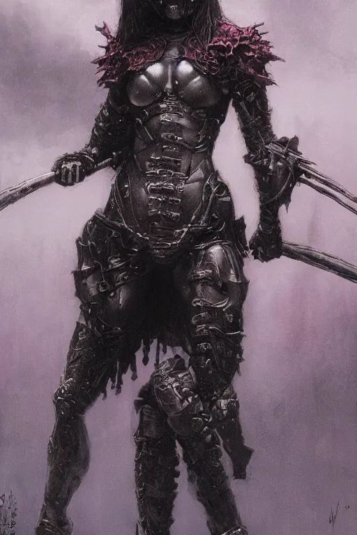 Image similar to Gothic girl in bikini armor, dark fantasy, artstation, painted by Wayne Barlowe, Zdislav Beksinsk
