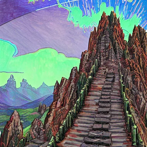 Prompt: At the top of a carved stairway of ten thousand rough hewn steps looms the ominous double mountain known only as the Iron Crag, home to the dieselpunk Dwarven megacity of Marhtlaz, by Matt Heuston and by Mike Ploog, magical fauvism, vfx