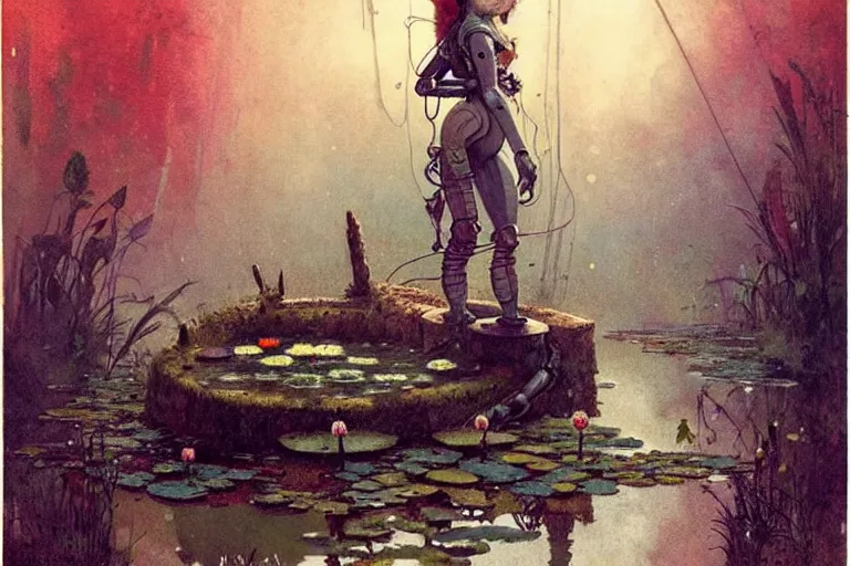 Image similar to adventurer ( ( ( ( ( 1 9 5 0 s retro future robot cyborg bolthole. muted colors. swamp, fairies, water lilies ) ) ) ) ) by jean baptiste monge!!!!!!!!!!!!!!!!!!!!!!!!! chrome red