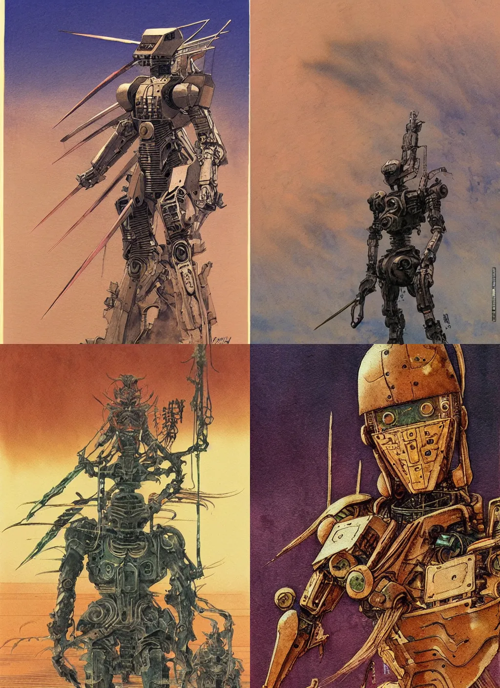 Prompt: vintage anime cinematic robot warrior by Zdzislaw beksinski, watercolor concept art by Syd Mead, by william herbert dunton, watercolor strokes, japanese woodblock, by Jean Giraud