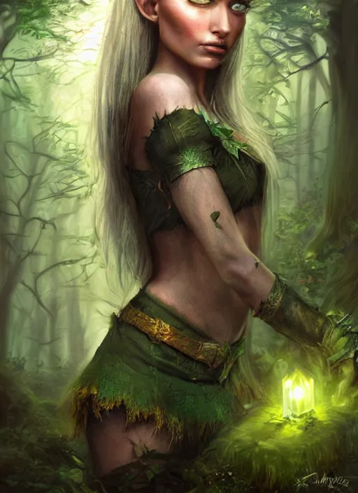 Prompt: A hyperrealistic fantasy portrait painting of a beautiful female elf in a lush dark atmospheric lightning forest, DAZ, hyperrealistic, ambient light, dynamic light