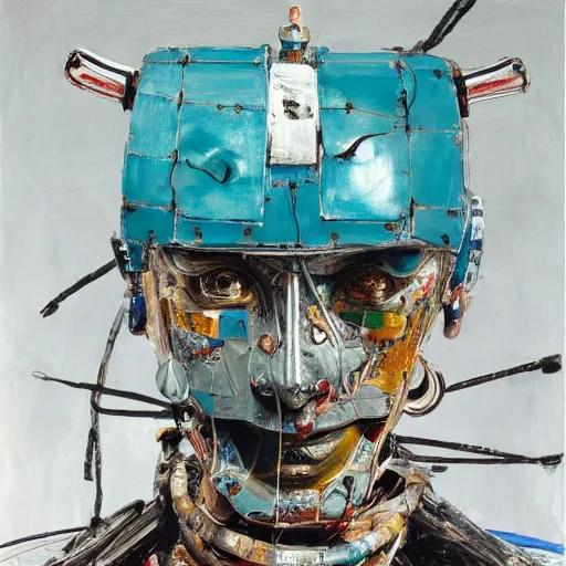Prompt: high quality high detail painting by lucian freud and jenny saville, hd, samurai robot, turquoise