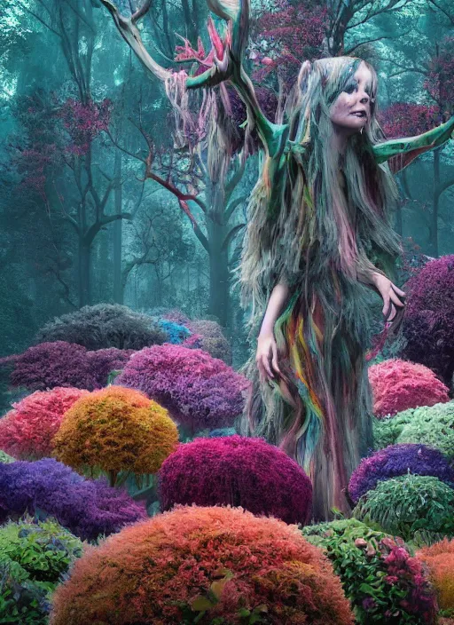 Image similar to a small psychedelic surreal horror giant made of multicolored psychotropic trees and flowers, magical creatures in the chaotic spirit forest, fulcolor octane reminder, cinematic, ultra - realistic