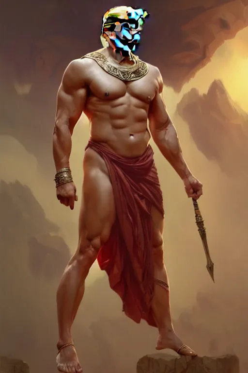 Image similar to Donald Trump as a Greek god, gorgeous, amazing, muscular, fit, very muscular male body, intricate, highly detailed, digital painting, artstation, concept art, sharp focus, illustration, art by greg rutkowski and alphonse mucha