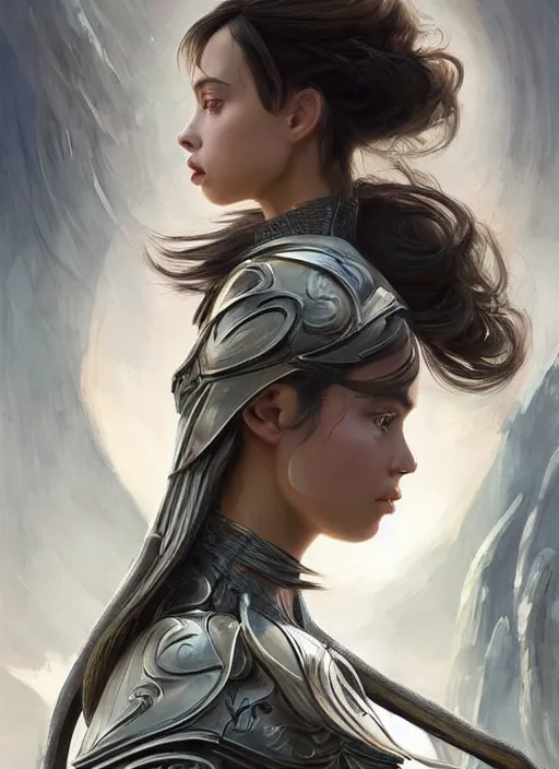 Image similar to a professional portrait of a beautiful young female, clothed in ethereal battle armor, olive skin, long dark hair, beautiful bone structure, symmetrical facial features, intricate, elegant, digital painting, concept art, smooth, sharp focus, finely detailed, illustration, from Valerian and the City of a Thousand Planets, in the style of Ruan Jia and Mandy Jurgens and Artgerm and Greg Rutkowski and William-Adolphe Bouguerea