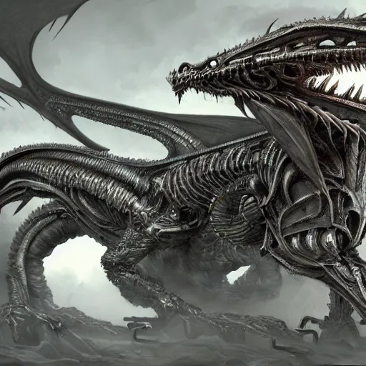 Prompt: cyborg dragon, concept art, incredibly detailed, biomechanical, H.R. Giger, 4k