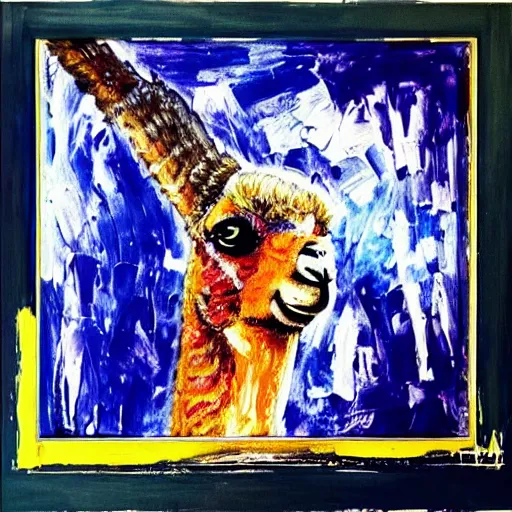 Image similar to “ abstract painting of a llama in a jersey dunking a basketball like michael jordan, shot from below, tilted frame, 3 5 °, dutch angle, extreme long shot, high detail, dramatic backlighting, indoors. in the background is a stadium full of people. ”