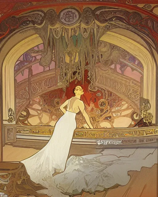 Prompt: painting alphonse mucha, interior of the opera house, view from the hall with a singer in a white dress on a lighted stage with an orchestra and audience in the hall, soft cinematic lighting, pastel color palette