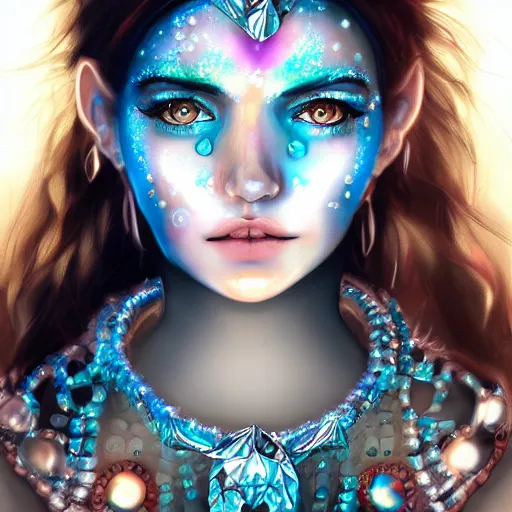 Image similar to ice face fractal jewellery portrait of a woman, inspired by mandy jurgens, face accessories, light make up, 4 k, high detailed, illustration