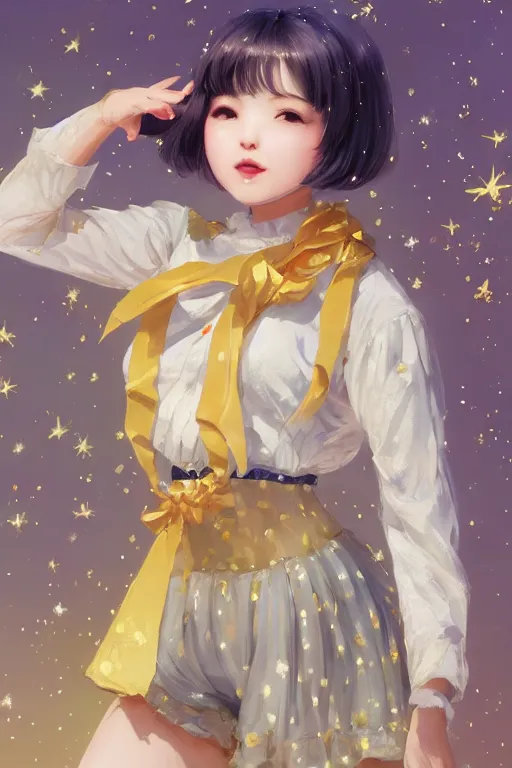 Prompt: Full View portrait of Eunha from Viviz and gFriend with short hair wearin purple overall shorts, short puffy pants, white tights covered in stars, Golden Ribbon, and a billowy scarf making a cute pose. masterpiece 4k digital illustration by Ruan Jia and Mandy Jurgens and Artgerm and greg rutkowski, award winning, Artstation, art nouveau aesthetic, Alphonse Mucha background, intricate details, realistic, panoramic view, Hyperdetailed, 8k resolution, intricate art nouveau