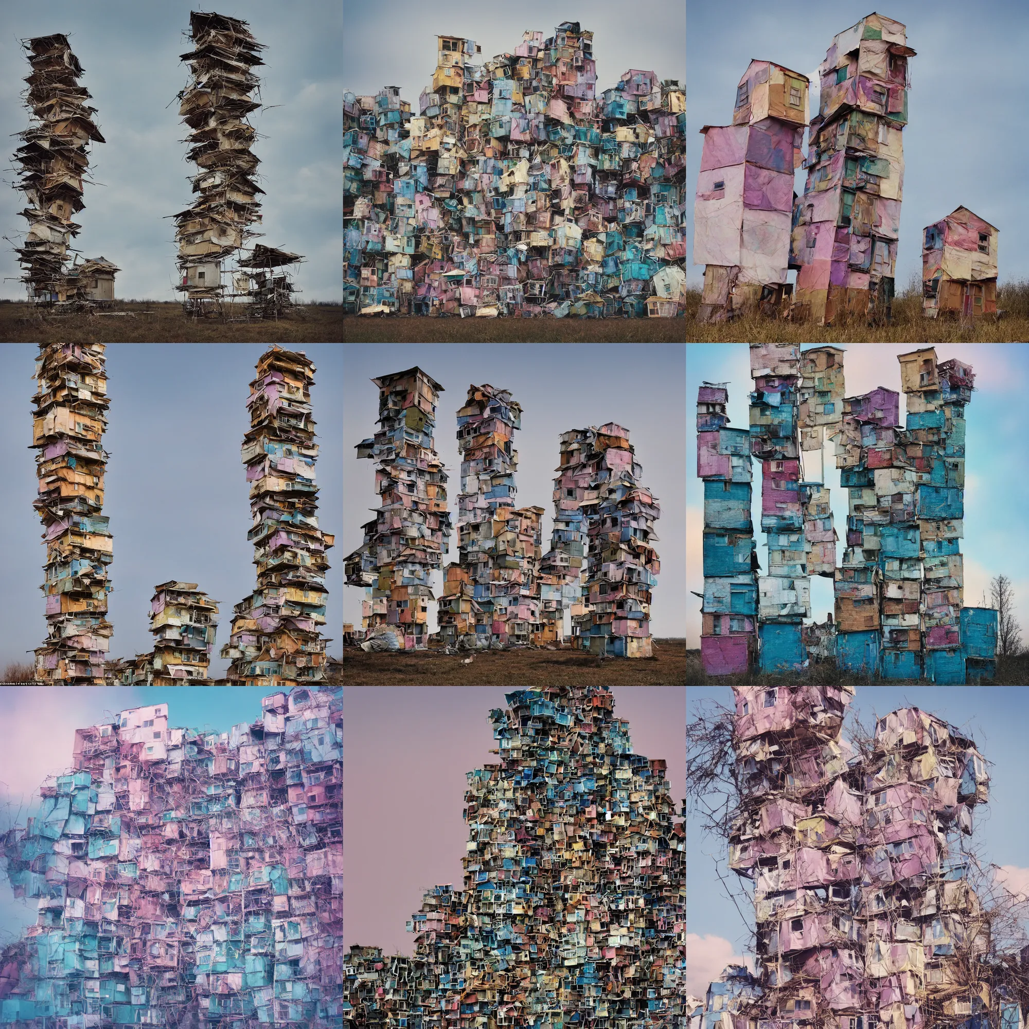 Prompt: a tower made up of makeshift squatter shacks with soft colours, mamiya, 8 5 mm, f 1. 7, uniform plain sky, digital glitches, photographed by nick knight