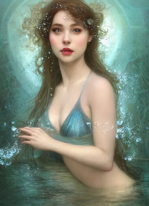 Image similar to hyper realist matte digital painting of a beautiful woman, beautiful face, underwater photography, full body, jugendstill, floating in water, flowing gown, bubbles rising, seaweed, headspace, fairytale, fantasy art, photo realistic, dynamic lighting, artstation, volumetric lighting, by mucha, by charlie bowater, by karol bak, by alma tadema