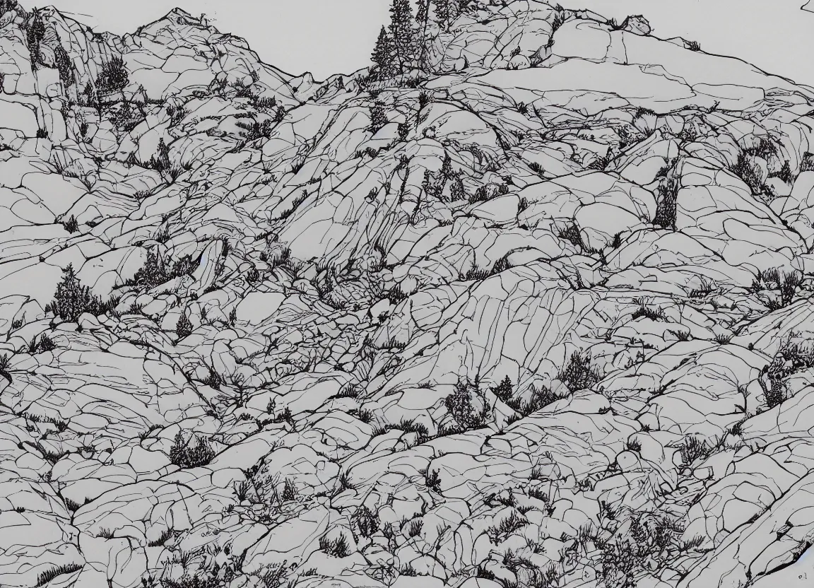 Prompt: backpacking in utah, minimalist line art by moebius, clean long lines, ultra detailed