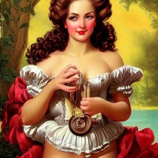 Prompt: beautiful woman with long hair, ultra detailed, beautiful eyes, by greg hildebrandt fancy rococo baroque oil painting high quality clothed in fancy garb in pin up style