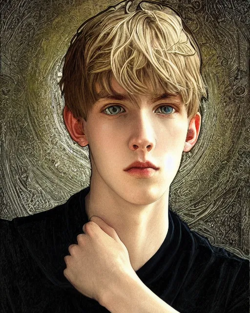 Prompt: portrait of 1 5 - year - old boy, a tall, slender boy with a pale, pointed face, sleek blond hair, and ice grey eyes, wearing black clothes, hyper realistic face, beautiful eyes, close up, fantasy art, in the style of greg rutkowski, intricate, alphonse mucha, hyper detailed, smooth