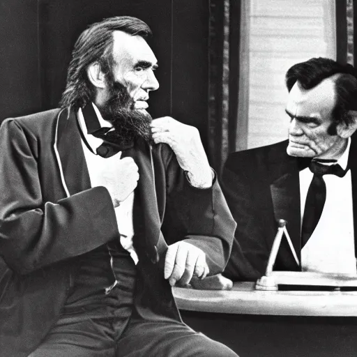 Prompt: close up high resolution photograph of Abraham Lincoln debating Stephen Douglas during a 1968 talk show debate