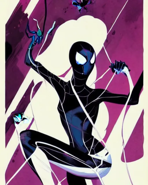 Image similar to rafael albuquerque comic art, peter mohrbacher, phil noto, artgerm, pretty emma stone spider - gwen gwenom