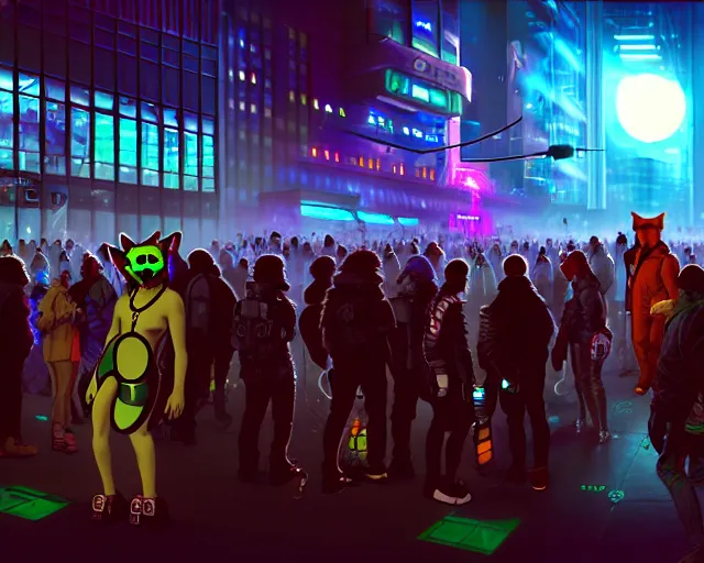 Image similar to high - resolution photograph from a cyberpunk era furry fandom convention ( midwest furfest 2 0 4 7 ), taking place after the genetic revolution and singularity. photorealistic.