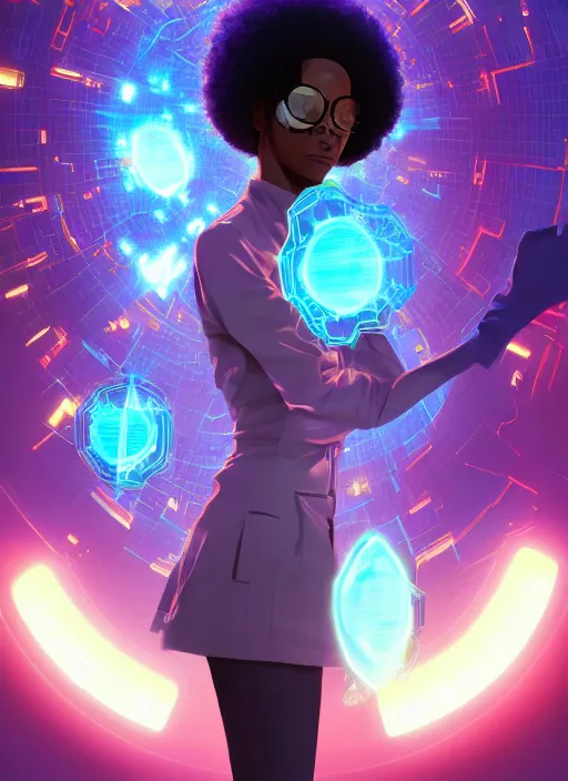 Image similar to afro - futurist scientist, computers and holograms, hacking the metaverse | hyperrealistic oil painting | by makoto shinkai, ilya kuvshinov, lois van baarle, rossdraws, basquiat | afrofuturism, in the style of hearthstone, trending on artstation | dark color scheme