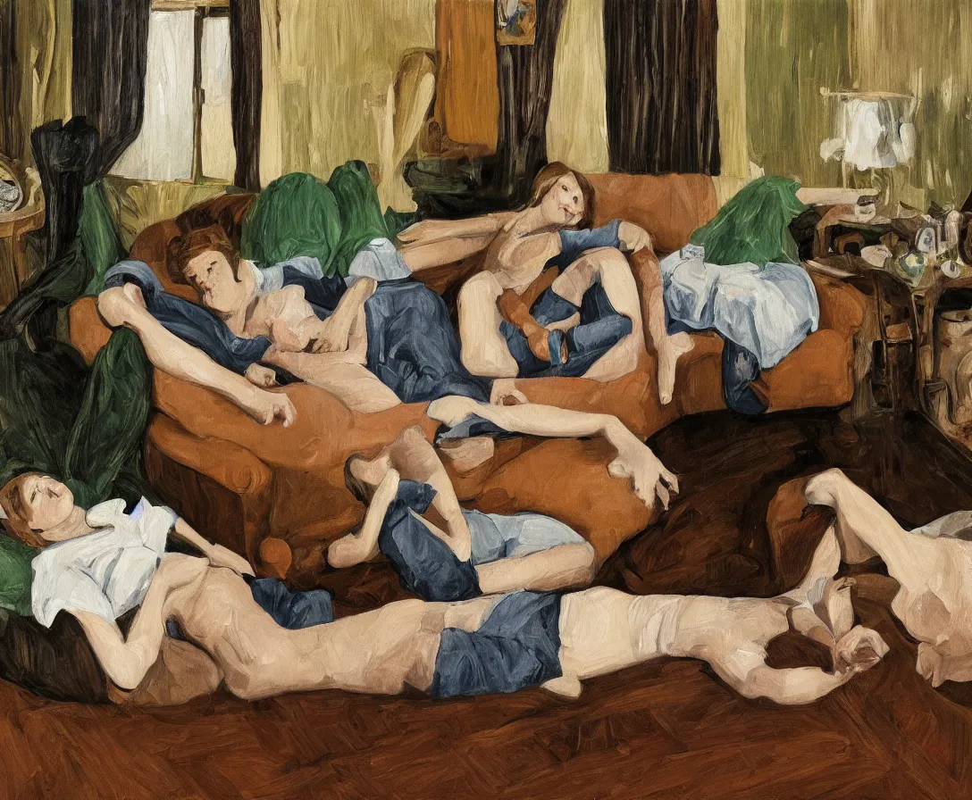 Prompt: portrait of two women lying horizontal, in an old english apartment on a brown leather sofa. one is wearing a dark blue sweather, the other a white shirt. brown hair, they are looking into the camera. wide shot. in the style of lucien freud. oil painting. green mood. isometric perspective