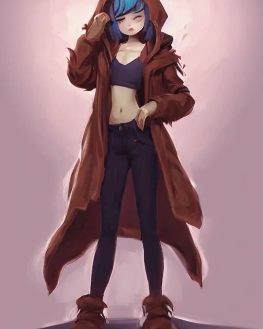 Prompt: concept art for a creature monster girl, wearing a brown coat over a hoodie, standing in a lo - fi dorm | | cute - fine - fine details by stanley artgerm lau, wlop, rossdraws, and sakimichan, trending on artstation, brush strokes