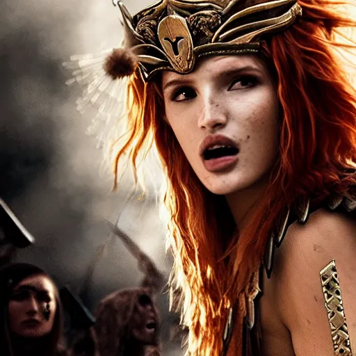 Prompt: bella thorne as the goddess of war in a battlefield, ground mist, cinematic