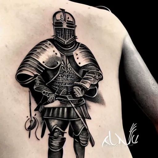 Prompt: A german knight in armor, tattoo, tattoo art, Black and grey tattoo style
