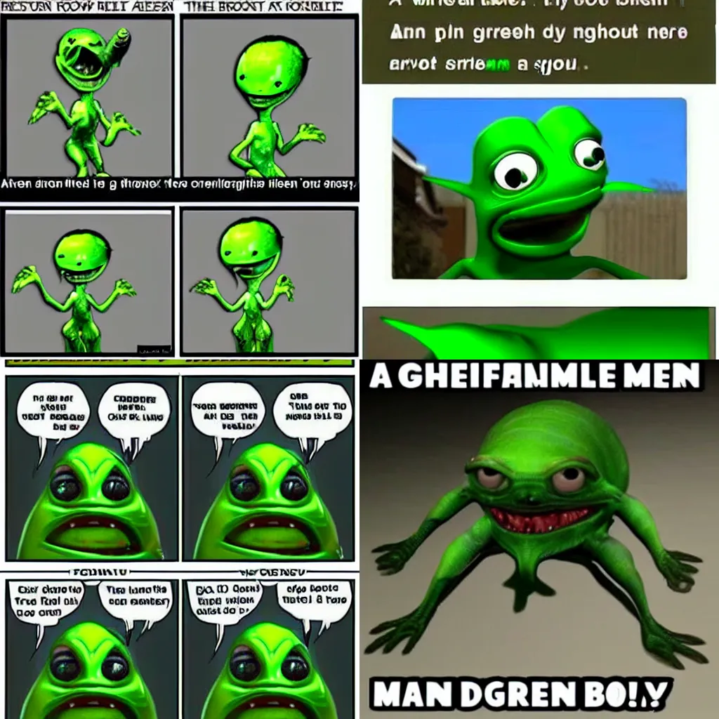 Prompt: a hilarious weird green alien 3D meme bottom text iFunny