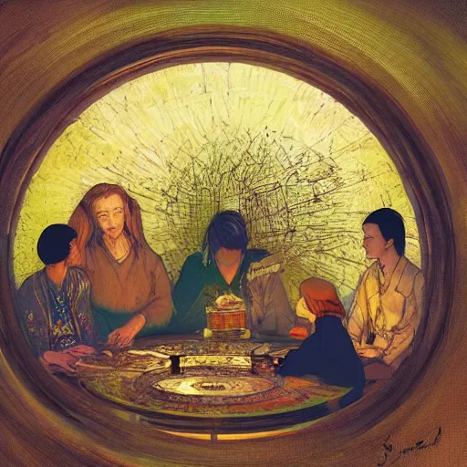 Image similar to A beautiful computer art of a group of people standing around a circular table. In the center of the table is a large, open book. The people in the computer art are looking at the book with interest and appear to be discussing its contents. warm light by Susan Seddon Boulet, by Yoji Shinkawa